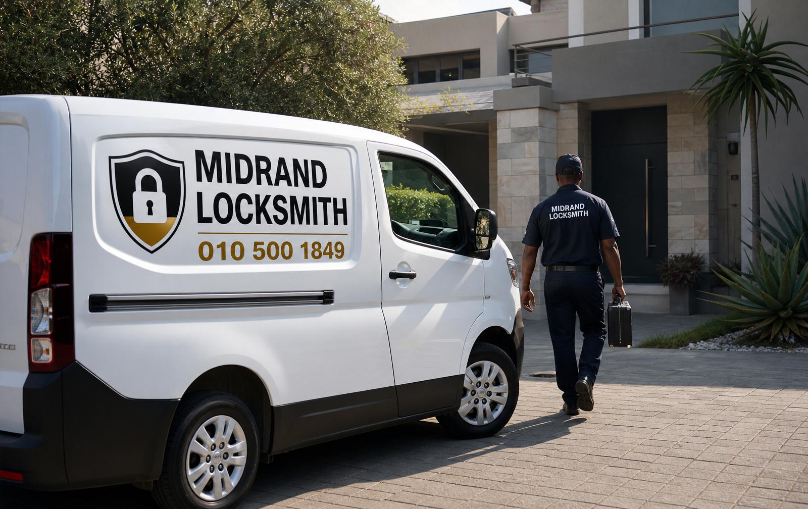 Midrand Locksmith Mobile Service Van Midrand Locksmith branded mobile service van arriving at a home in Midrand for emergency locksmith assistance.